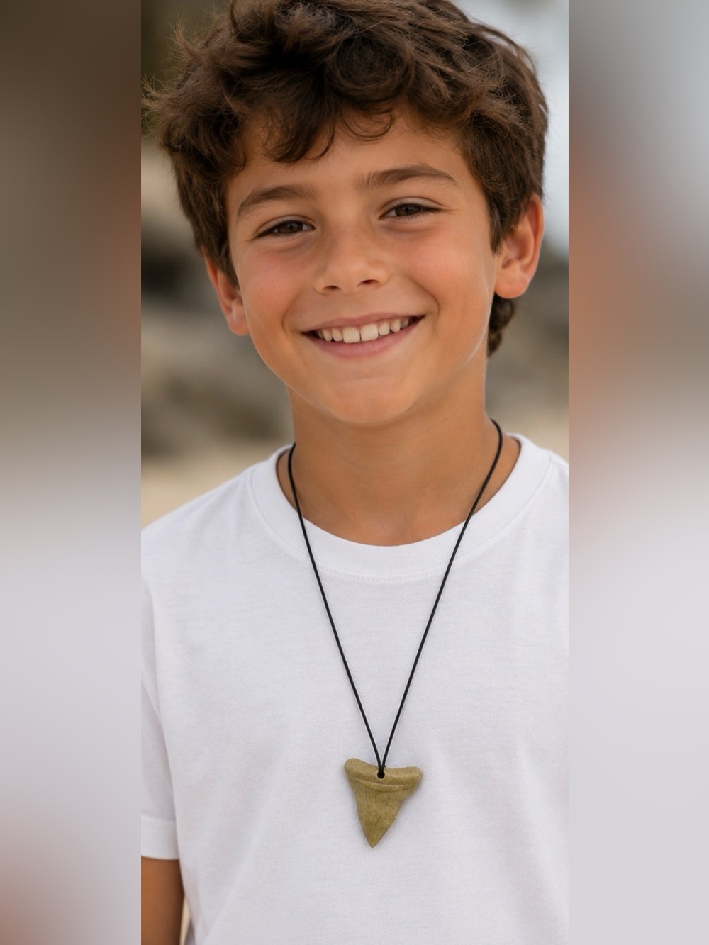 Kids Faux Shark Tooth Pendant Necklace Surfer Beach Summer Boho Cord Necklace